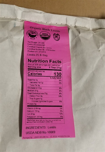 Beans Black Lentils Organic - Dry 25lb