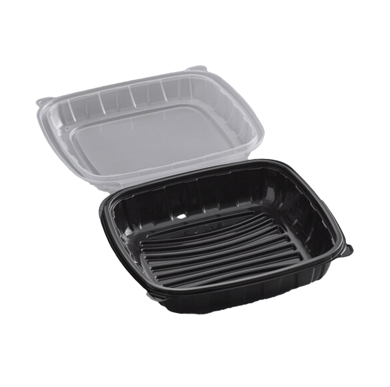 Container 9in Hinged Shallow Black/Clear 100cs