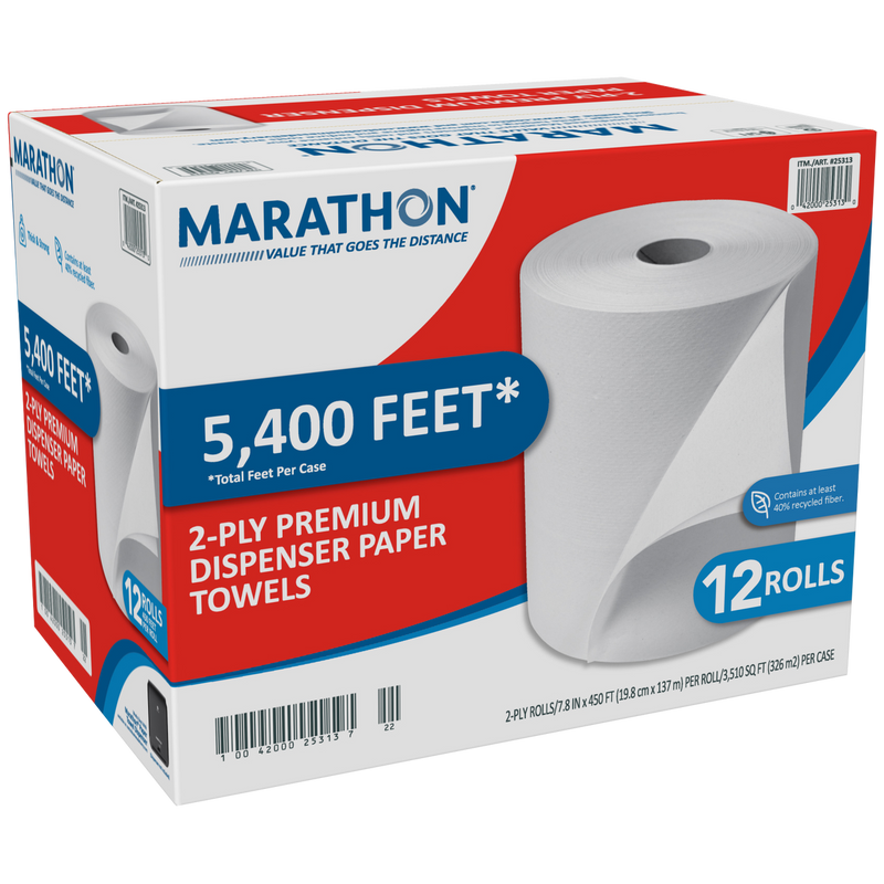 Marathon Dispenser Roll Towels 2-Ply White, 12 ct